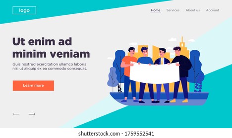 Young men gathering for protest. Male group standing together and holding blank banner flat vector illustration. Position and activism concept for banner, website design or landing web page