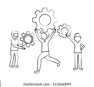 young men with gears machine isolated icon