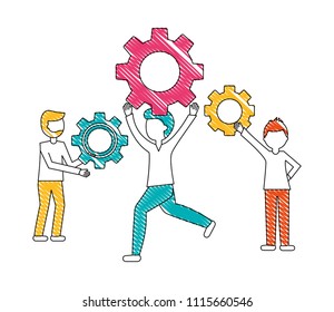 young men with gears machine isolated icon