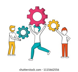 young men with gears machine isolated icon