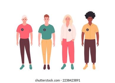 Young men with gender pronouns pin. She, he, they, non-binary. Gender-neutral movement. LGBTQ community. Hand drawn vector illustration