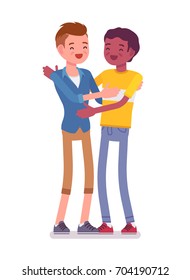 Young men giving a bro hug. Social support and caring, sympathetic common and polite gesture. Friendship and communication concept. Vector flat style cartoon illustration, isolated, white background