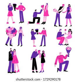 Young men giving flowers bouquets to their beloved women vector illustration