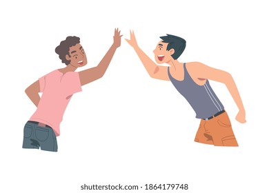 Young Men Giving High Five, Cheerful Friends and Colleagues Characters Meeting, Happiness, Agreement or Joy Expression Cartoon Style Vector Illustration
