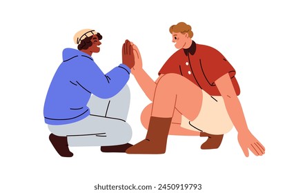 Young men giving high five. Happy joyful male friends clapping hands, touching palms, support gesture. Funny positive laughing characters. Flat vector illustration isolated on white background