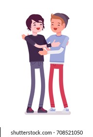 Young men giving a hug. Ask for support in stressful event, physical and emotional comfort. Youth community, volunteer team concept. Vector flat style cartoon illustration, isolated, white background