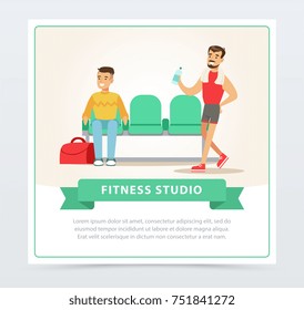 Young men going to training, gym interior, fitness studio banner flat vector element for website or mobile app with sample text