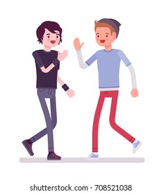 Young men greeting each other. Share beliefs and interests together, coping with stress. Youth community and volunteer team concept. Vector flat style cartoon illustration, isolated, white background