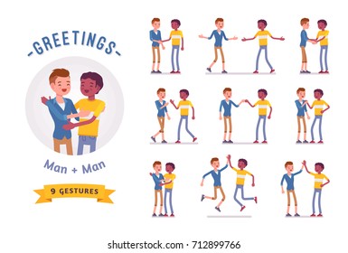 Young men greeting ready-to-use character set. Various poses, emotions, standing, fist bump, hug. Full length, front, rear view isolated, white background. Friendship and communication concept.