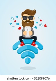 Young men guy character sitting on wi-fi emblem and using smartphone for internet. free internet, hotspot, network concept. flat  vector design illustration.sending a message via chat from smartphone.