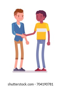 Young men handshaking. Acquaintances showing mutual respect and trust, usual formal greeting. Friendship and communication concept. Vector flat style cartoon illustration, isolated, white background