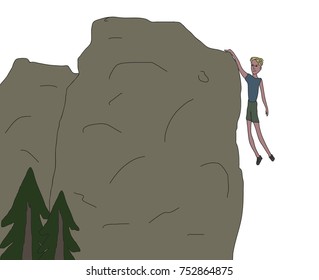 young men hanging from the rock only one hand near falling off the cliff rough sketch vector illustration 