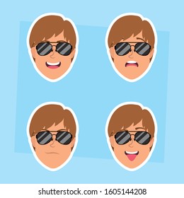 young men heads with sunglasses characters vector illustration design