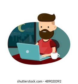Young men hipster character sitting at a laptop and  working overtime late night. Freelance work. Flat vector illustration. Isolated on white background