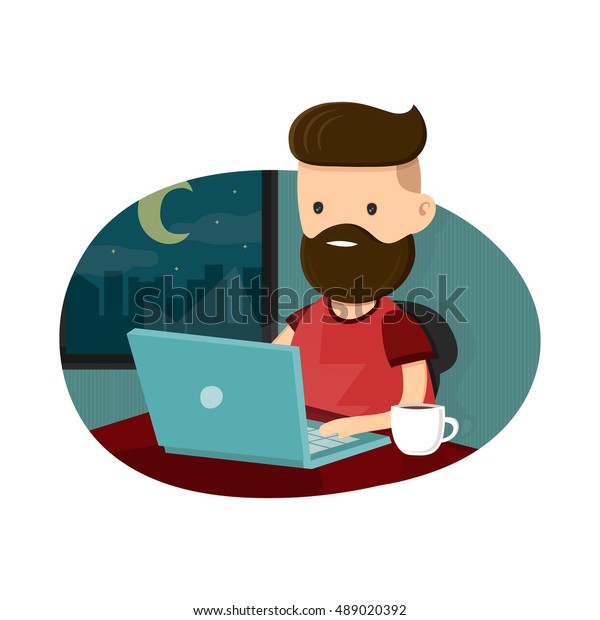 若い男性は ノートパソコンに座って深夜に残業するヒップスターキャラクター フリーランスの仕事 平らなベクターイラスト 白い背景に分離型 のベクター画像素材 ロイヤリティフリー