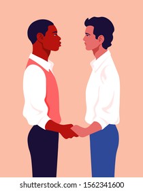 Young men hold hands and look at each other. Profile of a homosexual couple. Date. Vector flat illustration