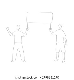 Young men hold placard during LGBTQ rights parade. Concept of diversity, tolerance and gender identity. Love parade. LGBT community. Human rights. Vector hand drawn illustration