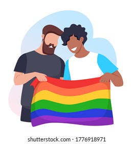 Young men hold a rainbow LGBT pride flag. Sexual minority rights concept. Vector illustration.