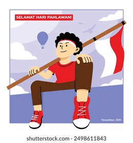 Jóvenes con banderas indonesias sentados en el borde con fondo celeste, pájaros, nubes y globo aerostático celebrando los Días de los Héroes de Indonesia el 10 de noviembre o la Ilustración vectorial Hari Pahlawan