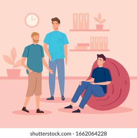 young men inside house scene vector illustration design