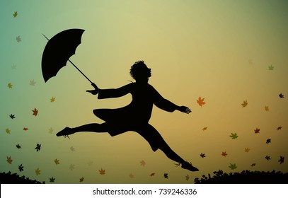 young men jumps and holding the umbrella, autumn rush time, jumping for joy, hurry up silhouette, running boy silhouette  and autumn leaves, vector