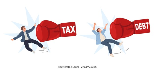 Young men knocked off their feet by red boxing glove with words tax and debt. Boxer fist attacks. Hand punch of loan pressure. Banking hit. Financial crisis. Businessman bankruptcy. Vector concept