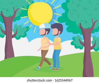 young men landscape grass sun clouds sky trees vector illustration