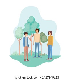 young men in landscape with trees and plants