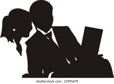 Young men with the laptop. White background.