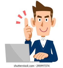 Young men and laptops make a forefinger
