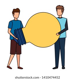 young men lifting bulb light characters