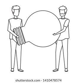 young men lifting bulb light characters
