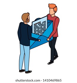 young men lifting envelope mail send