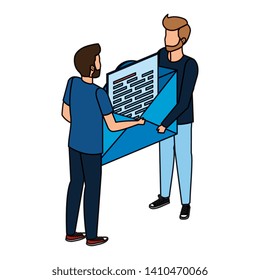 young men lifting envelope mail send