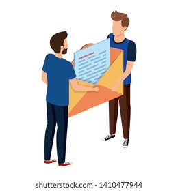 young men lifting envelope mail send