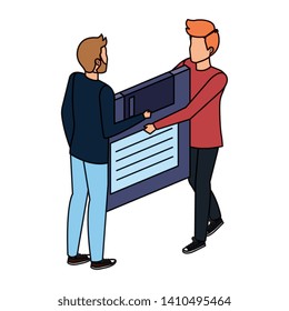 young men lifting floppy disk data storage