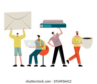 young men lifting objects characters vector illustration design