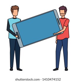 young men lifting smartphone device characters