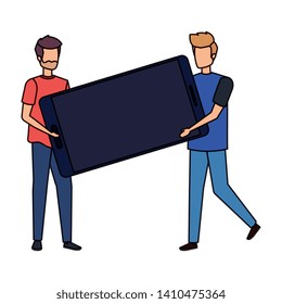 young men lifting smartphone device characters