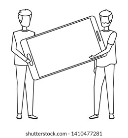 young men lifting smartphone device characters