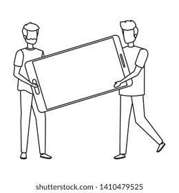 young men lifting smartphone device characters
