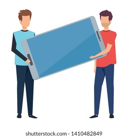 young men lifting smartphone device characters