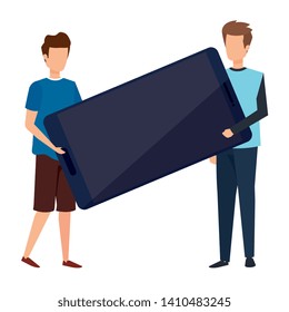 young men lifting smartphone device characters