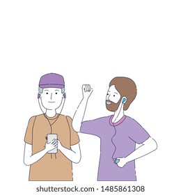 young men listen music with player characters