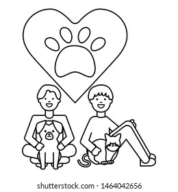 young men with little dog and cat adorable mascots
