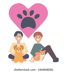 young men with little dog and cat adorable mascots