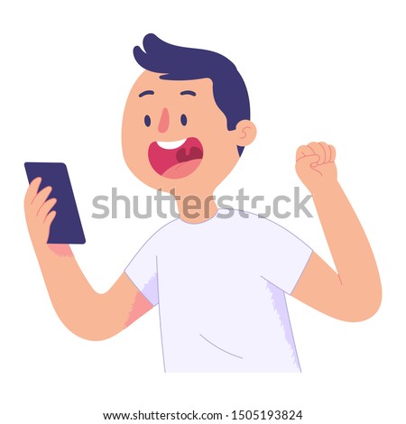 young men look at the cellphone screen with a surprised and happy face, young men get good news and lift one hand, the concept of the young man's happy expressions