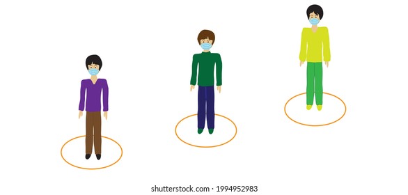 Young men in medical masks isolated on a white background, flat design style. The concept of prevention of coronavirus infection. Social distance.
