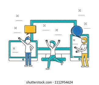 young men with monitor and devices isolated icon