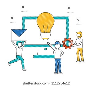 young men with monitor and light bulb isolated icon